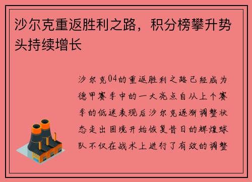 沙尔克重返胜利之路，积分榜攀升势头持续增长