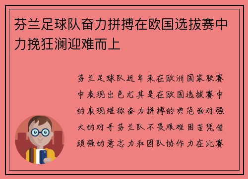 芬兰足球队奋力拼搏在欧国选拔赛中力挽狂澜迎难而上